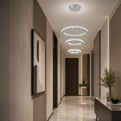 Lustra LED suspendata cu telecomanda si cristal PRISM LUMORA 63W, 3 Cercuri, lumina Rece/Calda/Neutra, Dimabila, Crom Lucios, Inaltime Reglabila