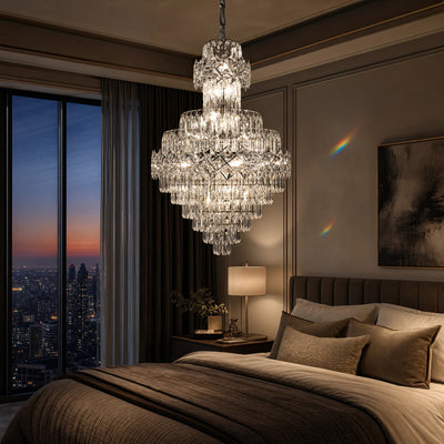 Candelabru Cristal WINDSOR Grande Supremo 14xE14, Diametru 60X90cm, Crom Lucios, Inaltime Reglabila