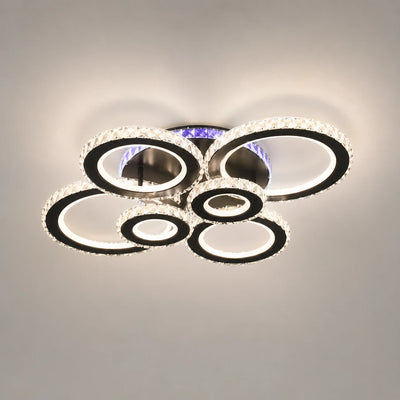 Lustra LED cu telecomanda si cristal NOVA ROTONDA RGB 145W, 6 Cercuri, lumina Rece/Calda/Neutra, Dimabila, Negru