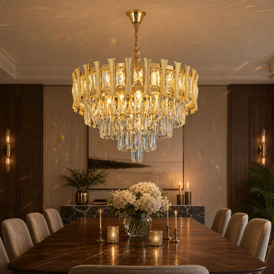 Candelabru Cristal HAMPTON Eleganza 8x E14, Diametru 49cm, Auriu Lucios, Inaltime Reglabila