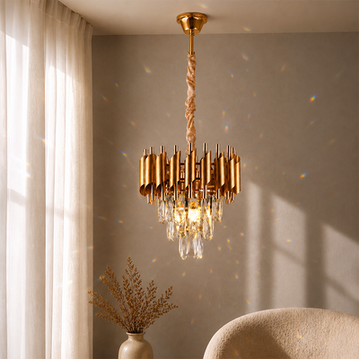 Candelabru Cristal VERSAILLES Petito 3xE14, Diametru 30cm, Auriu, Inaltime Reglabila, Metal si Cristal