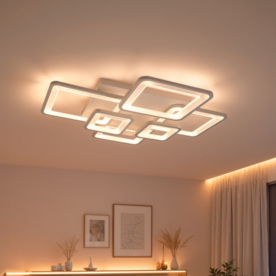 Lustra LED cu telecomanda ELLA 119W, 6 Patrate, lumina Rece/Calda/Neutra, Dimabila, Alb, Metal si Acril