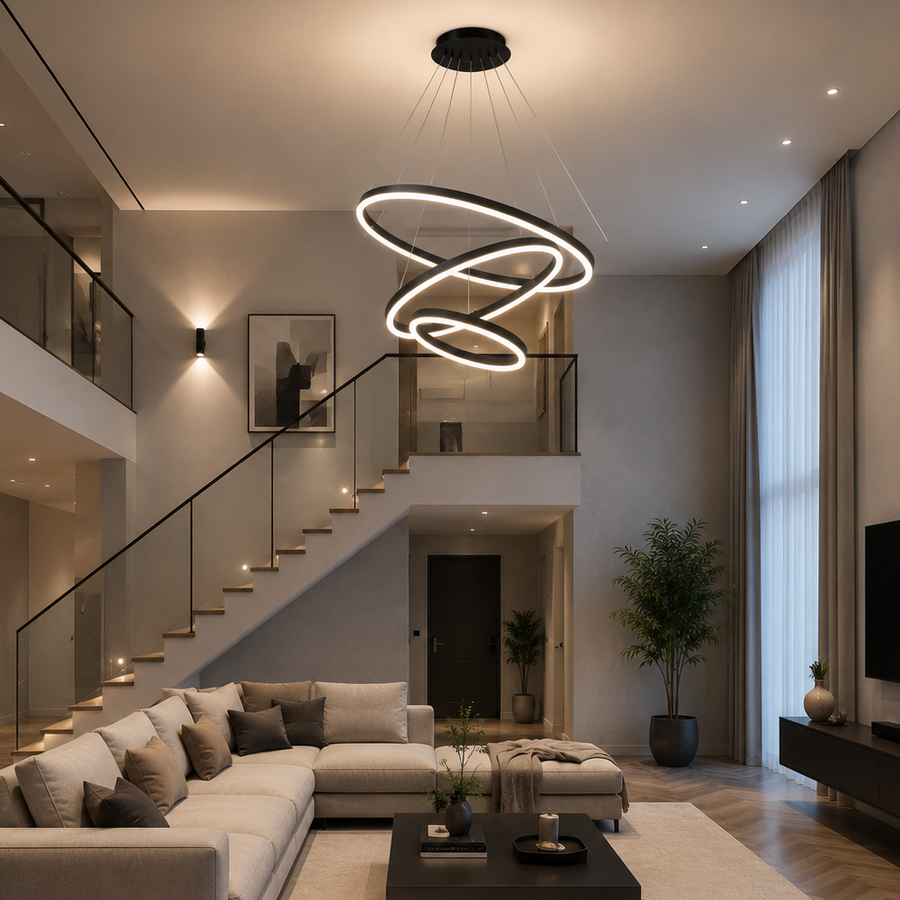 Lustra LED suspendata cu telecomanda CASIANA 85W, 3 Cercuri, lumina Rece/Calda/Neutra, Dimabila, Negru, Inaltime Reglabila Lustre LED cu Telecomanda Default Title Alessandro Design