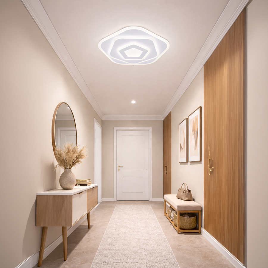 Lustra LED cu Telecomanda PENTAGON 59W, 40cm, Lumina Rece/Calda/Neutra 3000K/4000K/6000K, Alb, Metal si Acril Lustre LED cu Telecomanda Default Title Alessandro Design