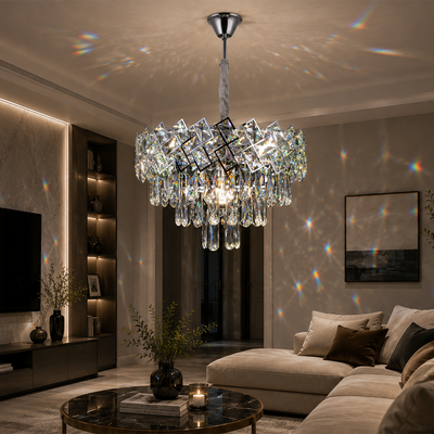 Candelabru Cristal WINDSOR Nobile 5xE14, Diametru 39cm, Crom Lucios, Inaltime Reglabila