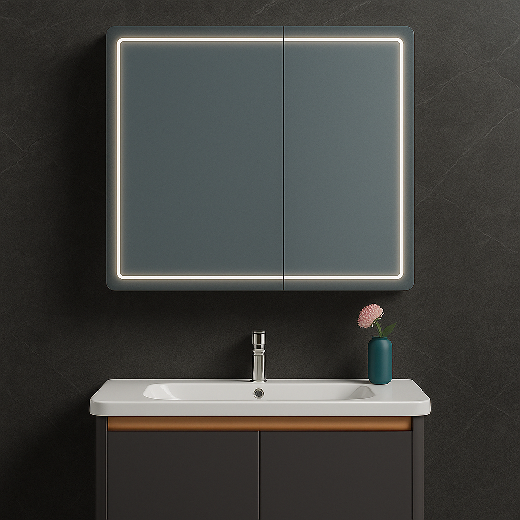 Oglinda LED cu Dulap de Baie si Lavoar Suspendat, 80x60 cm, Design Modern, Iluminare Integrata Default Title Alessandro Design