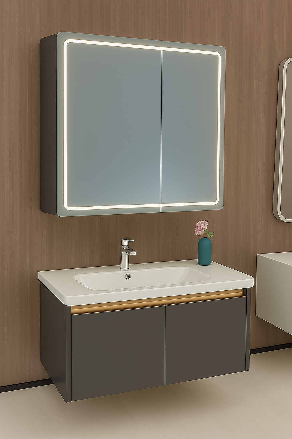 Oglinda LED cu Dulap de Baie si Lavoar Suspendat, 80x60 cm, Design Modern, Iluminare Integrata Default Title Alessandro Design