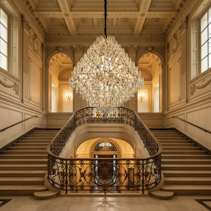Candelabru Cristal KONIG Grande, 32xE14, D120 cm, Auriu, Inaltime Reglabila, Metal si Cristal