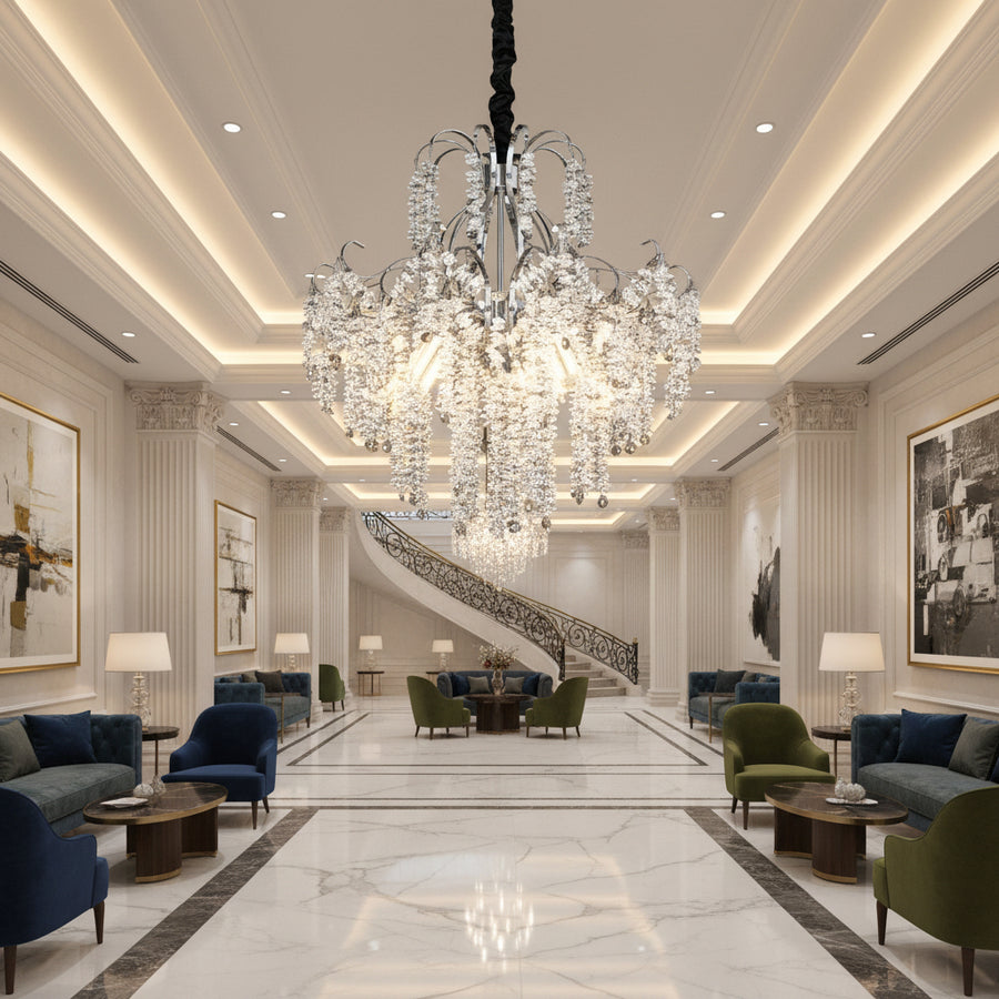 Candelabru Cristal PUBU Eleganza, 5x E14, Diametru 50cm, Crom