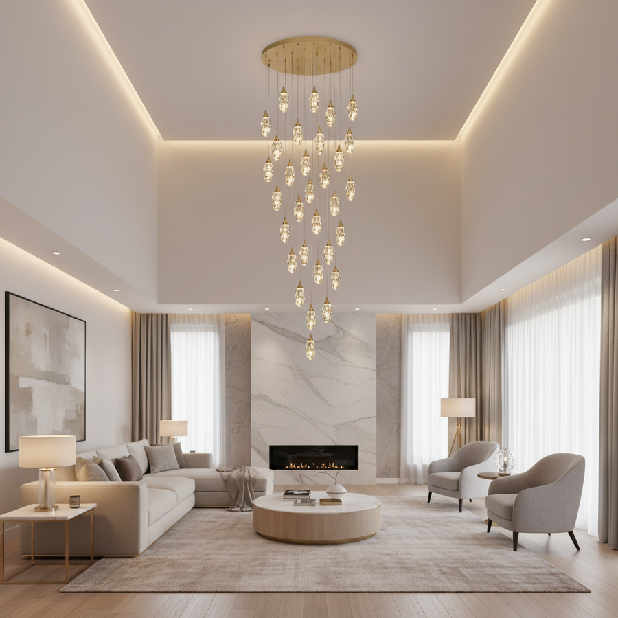 Candelabru Cristal AROHA LED cu Telecomanda, Suspendat, 30 Surse, 90W, Lumina Calda/Neutra/Rece, Diametru 60cm, Inaltime Reglabila, Auriu, Metal si Cristal
