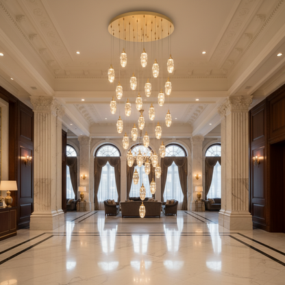 Candelabru Cristal AROHA LED cu Telecomanda, Suspendat, 30 Surse, 90W, Lumina Calda/Neutra/Rece, Diametru 60cm, Inaltime Reglabila, Auriu, Metal si Cristal