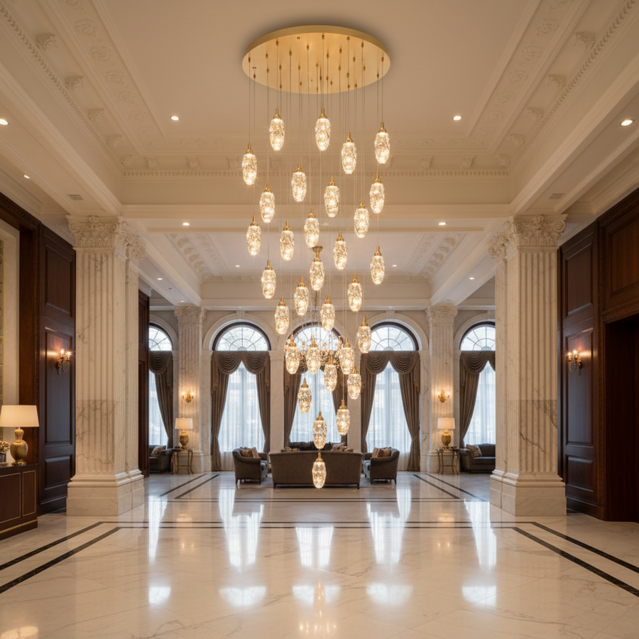Candelabru Cristal AROHA LED cu Telecomanda, Suspendat, 30 Surse, 90W, Lumina Calda/Neutra/Rece, Diametru 60cm, Inaltime Reglabila, Auriu, Metal si Cristal