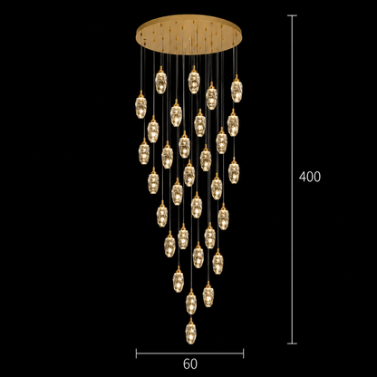 Candelabru Cristal AROHA LED cu Telecomanda, Suspendat, 30 Surse, 90W, Lumina Calda/Neutra/Rece, Diametru 60cm, Inaltime Reglabila, Auriu, Metal si Cristal
