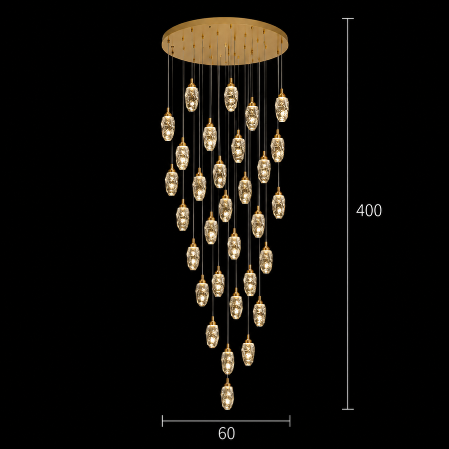 Candelabru Cristal AROHA LED cu Telecomanda, Suspendat, 30 Surse, 90W, Lumina Calda/Neutra/Rece, Diametru 60cm, Inaltime Reglabila, Auriu, Metal si Cristal