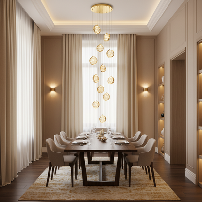Candelabru Cristal FRAME LED cu Telecomanda, Suspendat, 12 Surse, 36W, Diametru 40cm, Lumina Calda / Neutra / Rece, Inaltime Reglabila, Auriu, Metal si Cristal