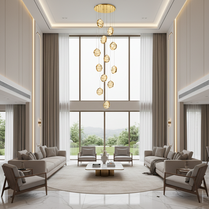Candelabru Cristal FRAME LED cu Telecomanda, Suspendat, 12 Surse, 36W, Diametru 40cm, Lumina Calda / Neutra / Rece, Inaltime Reglabila, Auriu, Metal si Cristal