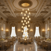 Candelabru Cristal FRAME LED cu Telecomanda, Suspendat, 30 Surse, 90W, Diametru 60cm, Inaltime Reglabila, Auriu, Metal si Cristal