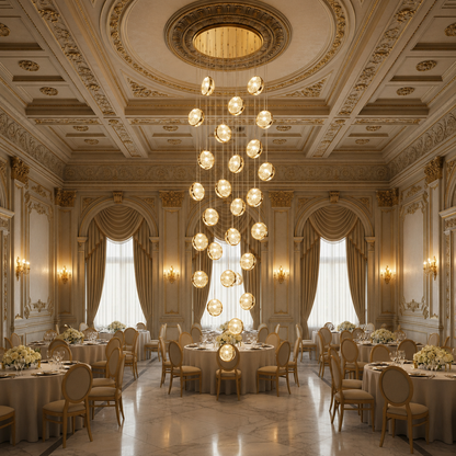 Candelabru Cristal FRAME LED cu Telecomanda, Suspendat, 30 Surse, 90W, Diametru 60cm, Inaltime Reglabila, Auriu, Metal si Cristal