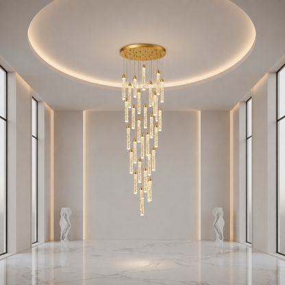 Candelabru Cristal LAGOM LED cu Telecomanda, Suspendat, 30 Surse, 90W, Lumina Calda/Neutra/Rece, Diametru 60cm, Inaltime Reglabila, Auriu, Metal si Cristal