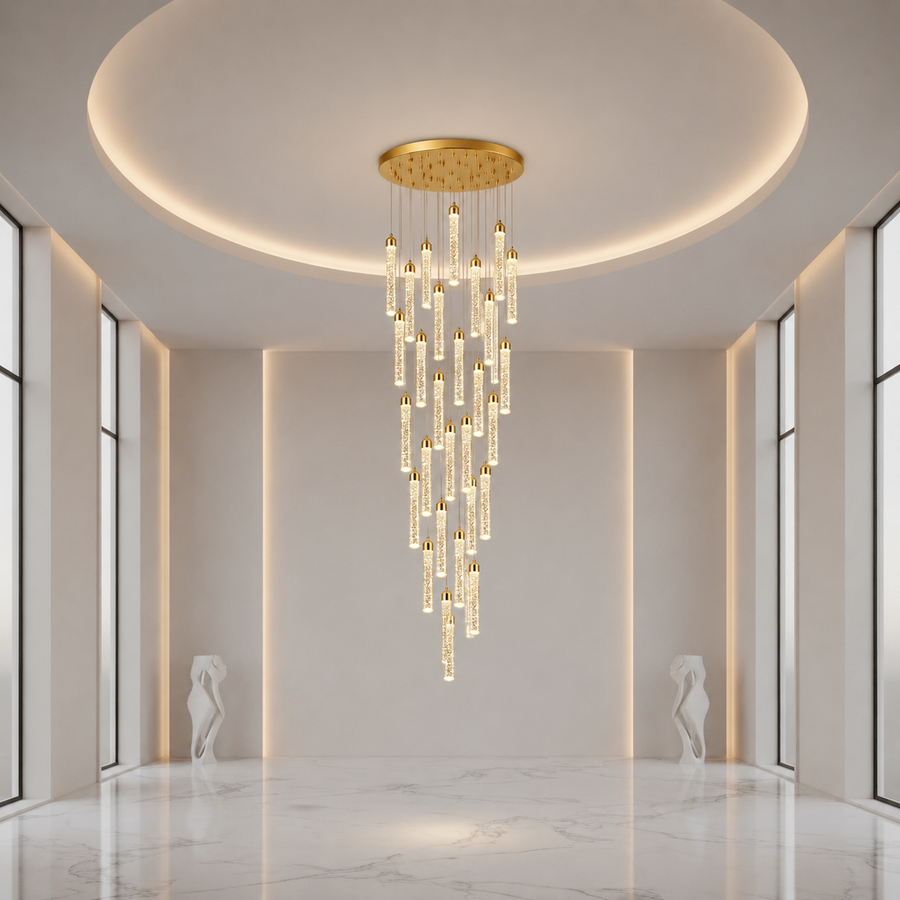 Candelabru Cristal LAGOM LED cu Telecomanda, Suspendat, 30 Surse, 90W, Lumina Calda/Neutra/Rece, Diametru 60cm, Inaltime Reglabila, Auriu, Metal si Cristal