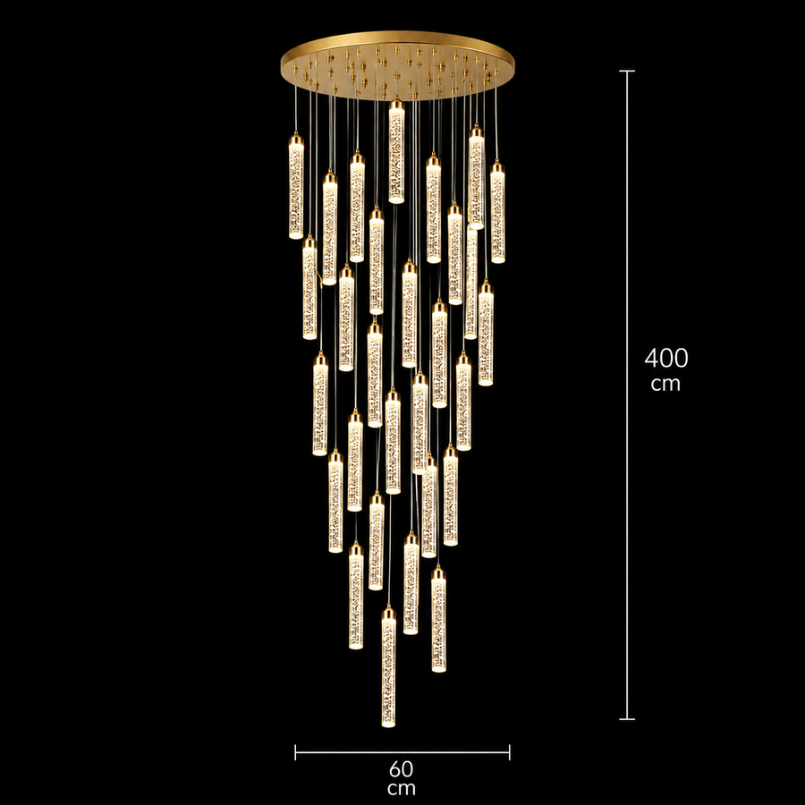 Candelabru Cristal LAGOM LED cu Telecomanda, Suspendat, 30 Surse, 90W, Lumina Calda/Neutra/Rece, Diametru 60cm, Inaltime Reglabila, Auriu, Metal si Cristal