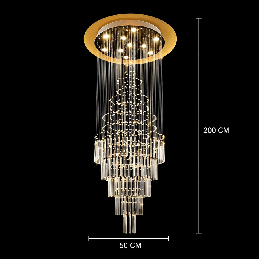 Candelabru Cristal LED 80W AUGUSTA Auriu, Diametru 50cm, Inaltime 200cm, Model Scara