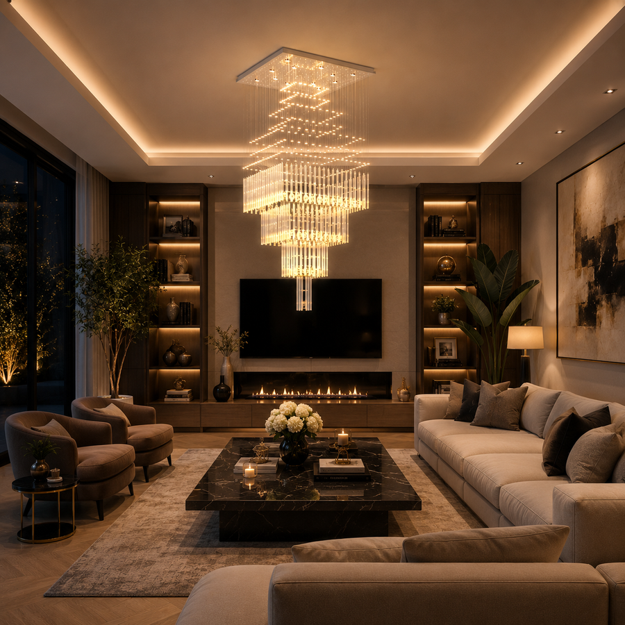 Candelabru Cristal LED 80W FLORENTIA Auriu, Diametru 50cm, Inaltime 200cm, Model Scara