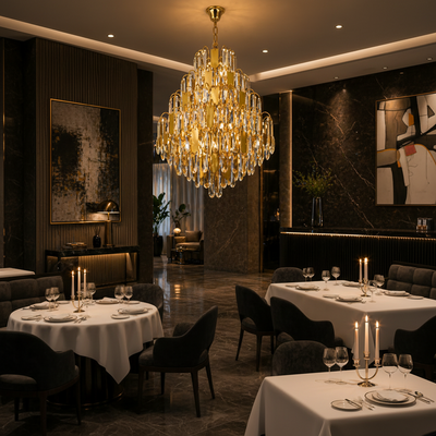 Candelabru Cristal TIER Eleganza 10xE14, D50 cm, Auriu, Inaltime Reglabila, Metal si Cristal