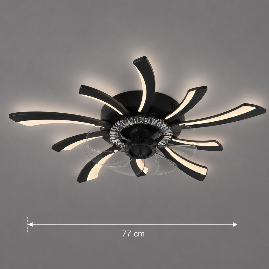 Lustra LED Ventilator VIRTULA cu Telecomanda, 29W, D77cm, Lumina Rece/Neutra/Calda, Metal si Plastic, Negru