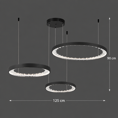 Lustra LED suspendata cu telecomanda, Cristale K9, 117W, 3 Cercuri, lumina Rece/Calda/Neutra, Dimabila, Negru, Inaltime Reglabila