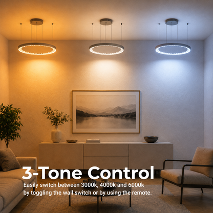 Lustra LED suspendata cu telecomanda, Cristale K9, 117W, 3 Cercuri, lumina Rece/Calda/Neutra, Dimabila, Negru, Inaltime Reglabila