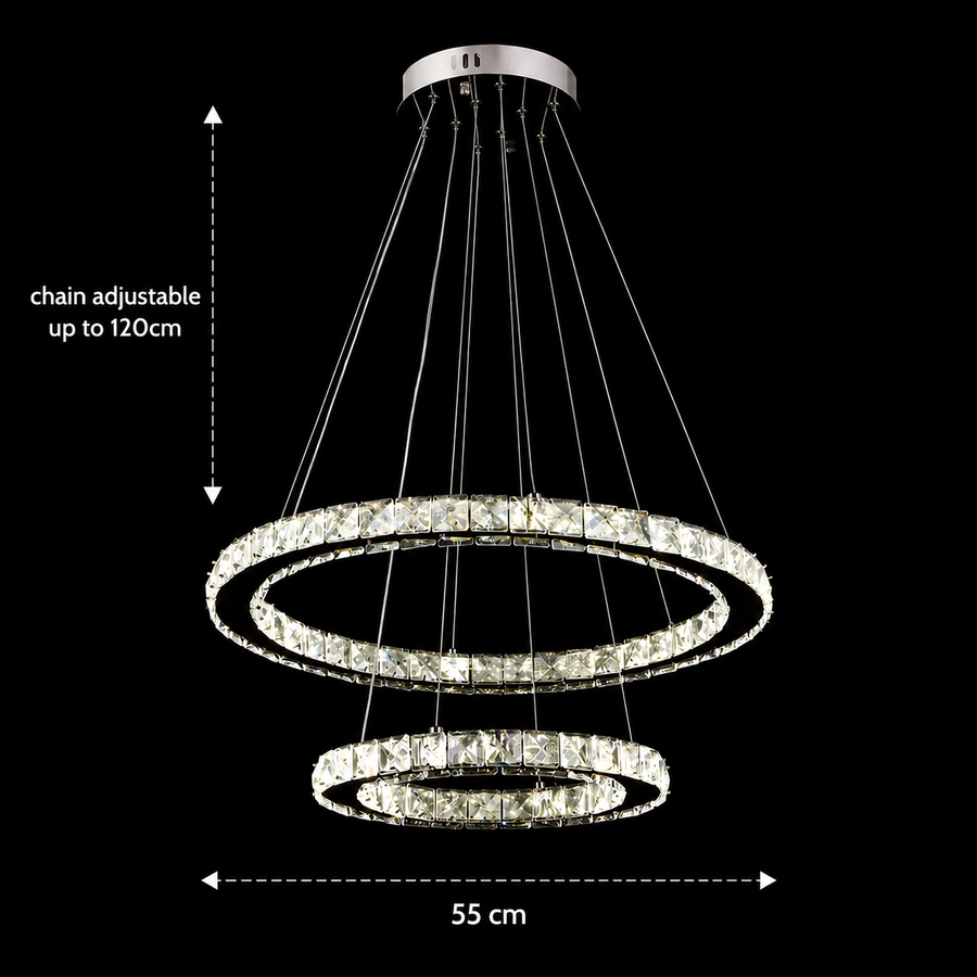 Lustra LED cu telecomanda si cristal PRISM LUMINIS 58W, 2 Cercuri, lumina Rece/Calda/Neutra, Dimabila, Crom si Alb, Inaltime Reglabila Lustre LED cu Telecomanda Default Title Alessandro Design