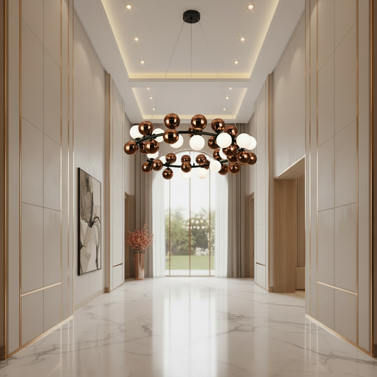 Lustra Suspendata BARRO Regalis, D70cm, 10x G9, Aur Roz, Metal si Sticla