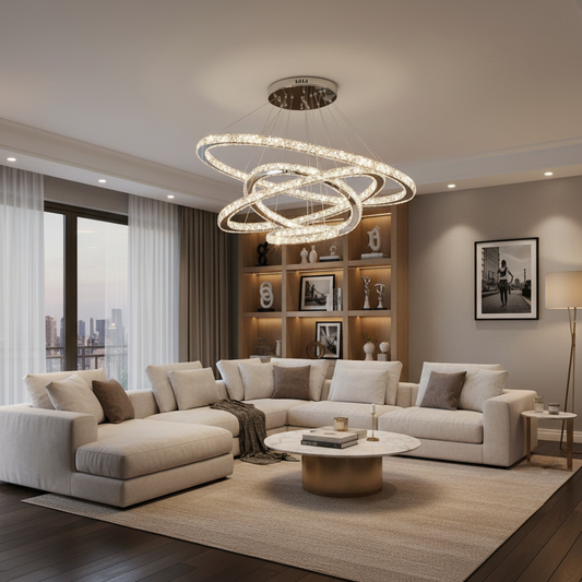 Lustra LED cu Telecomanda PRISM Luminis, Cristal si Metal, 210W, 4 Cercuri, Dimabila, Lumina Rece/Calda/Neutra, Iluminat Luxos