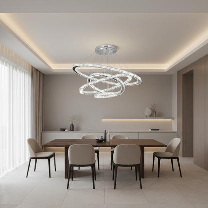 Lustra LED cu Telecomanda PRISM Luminis, Cristal si Metal, 210W, 4 Cercuri, Dimabila, Lumina Rece/Calda/Neutra, Iluminat Luxos