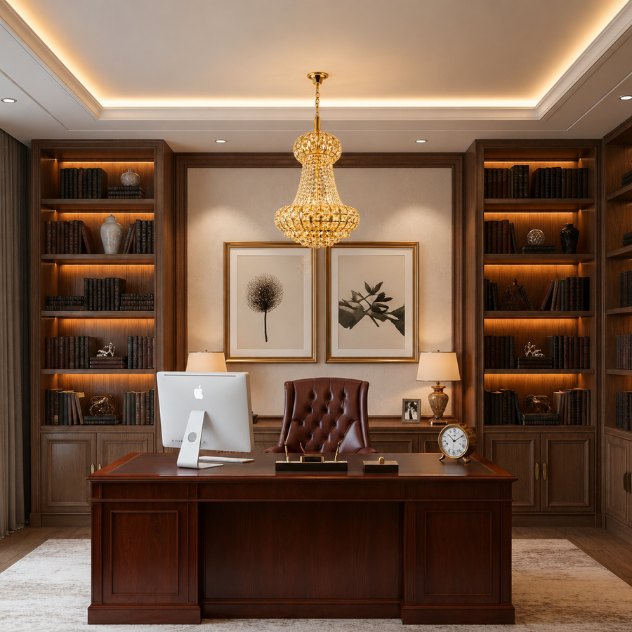 Candelabru Cristal CASTRUM Nobile 5xE14, D40 cm, Auriu, Inaltime Reglabila, Metal si Cristal