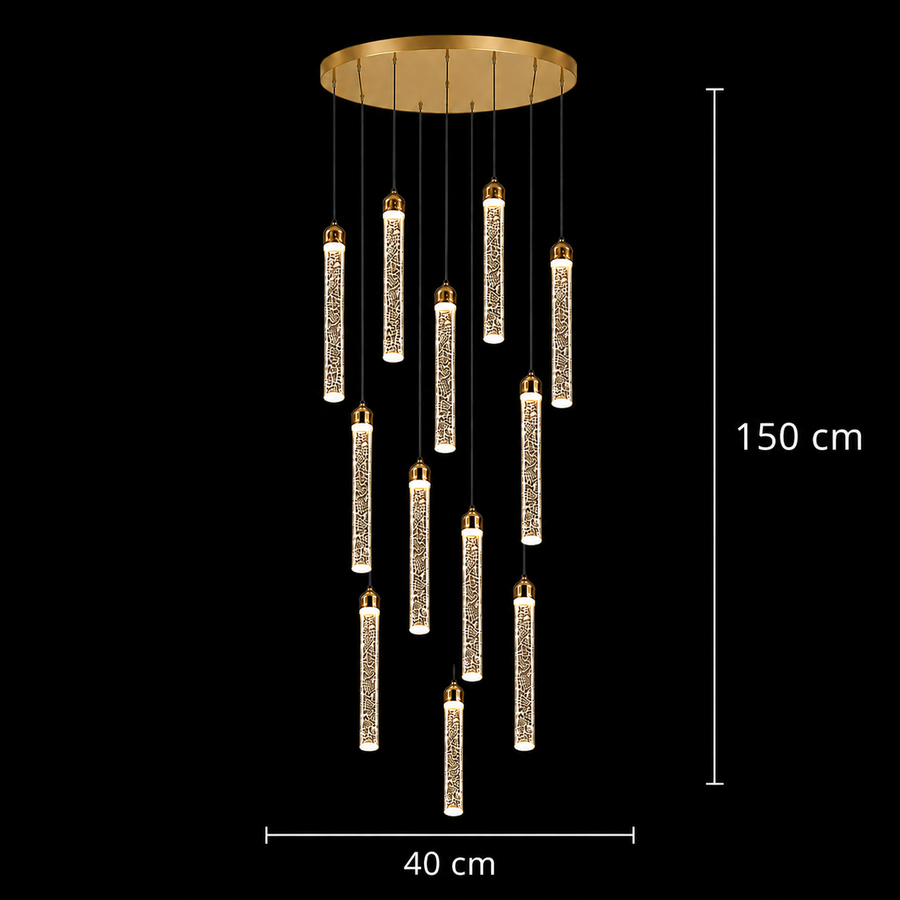 Candelabru Cristal LAGOM LED cu Telecomanda, Suspendat, 12 Surse, 36W, Diametru 40cm, Lumina Calda / Neutra / Rece, Inaltime Reglabila, Auriu, Metal si Cristal