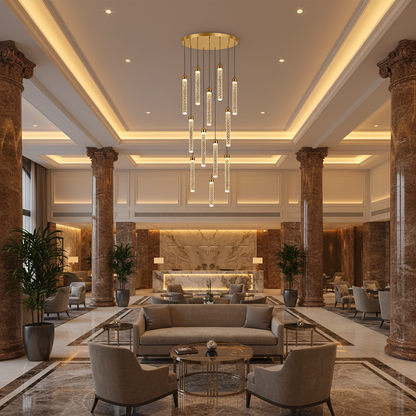 Candelabru Cristal LAGOM LED cu Telecomanda, Suspendat, 12 Surse, 36W, Diametru 40cm, Lumina Calda / Neutra / Rece, Inaltime Reglabila, Auriu, Metal si Cristal