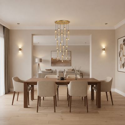 Candelabru Cristal LAGOM LED cu Telecomanda, Suspendat, 12 Surse, 36W, Diametru 40cm, Lumina Calda / Neutra / Rece, Inaltime Reglabila, Auriu, Metal si Cristal