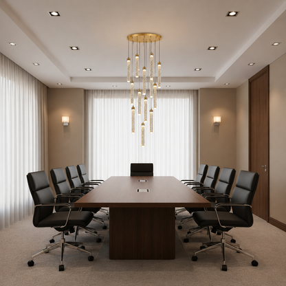Candelabru Cristal LAGOM LED cu Telecomanda, Suspendat, 12 Surse, 36W, Diametru 40cm, Lumina Calda / Neutra / Rece, Inaltime Reglabila, Auriu, Metal si Cristal
