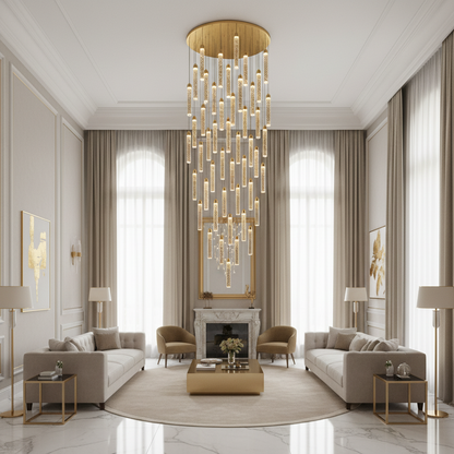Candelabru Cristal LAGOM LED cu Telecomanda, Suspendat, 51 Surse, 153W, Lumina Calda/Neutra/Rece, Diametru 100cm, Inaltime Reglabila, Auriu, Metal si Cristal