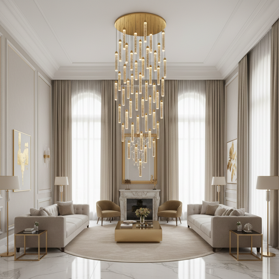 Candelabru Cristal LAGOM LED cu Telecomanda, Suspendat, 51 Surse, 153W, Lumina Calda/Neutra/Rece, Diametru 100cm, Inaltime Reglabila, Auriu, Metal si Cristal