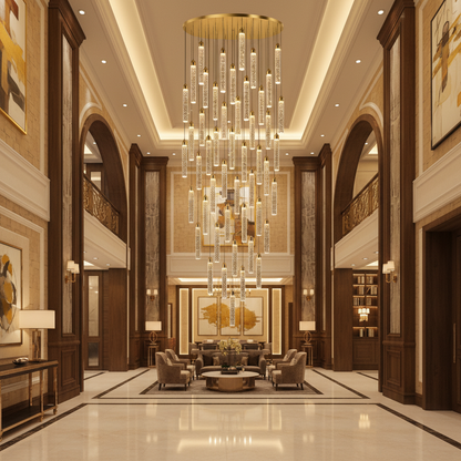 Candelabru Cristal LAGOM LED cu Telecomanda, Suspendat, 51 Surse, 153W, Lumina Calda/Neutra/Rece, Diametru 100cm, Inaltime Reglabila, Auriu, Metal si Cristal