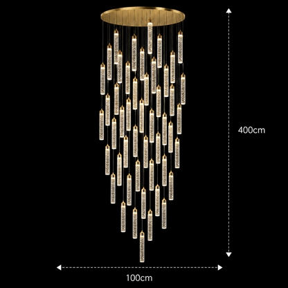 Candelabru Cristal LAGOM LED cu Telecomanda, Suspendat, 51 Surse, 153W, Lumina Calda/Neutra/Rece, Diametru 100cm, Inaltime Reglabila, Auriu, Metal si Cristal