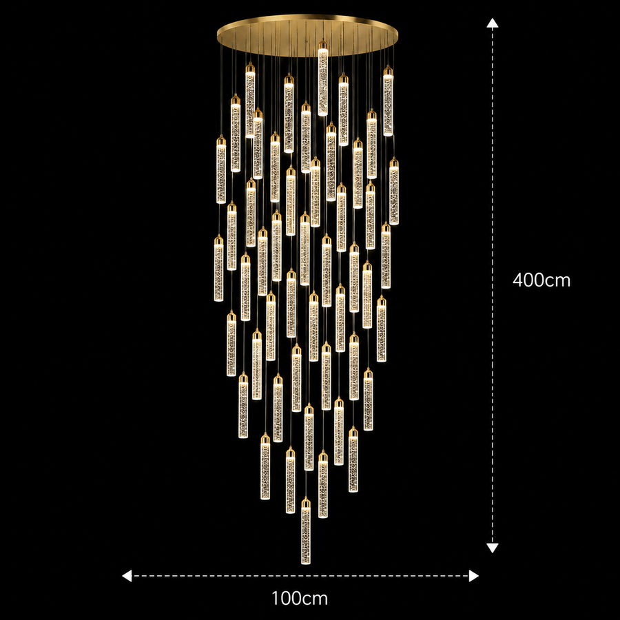 Candelabru Cristal LAGOM LED cu Telecomanda, Suspendat, 51 Surse, 153W, Lumina Calda/Neutra/Rece, Diametru 100cm, Inaltime Reglabila, Auriu, Metal si Cristal