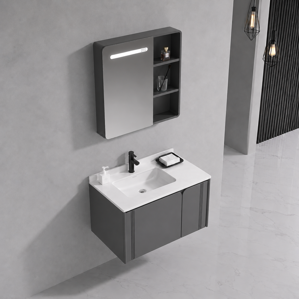 Set Mobilier ORIA pentru Baie, Dulap Lavoar+Dulap Oglinda 60cm, 2 Piese, Gri si Alb Mobilier Baie Default Title Alessandro Design