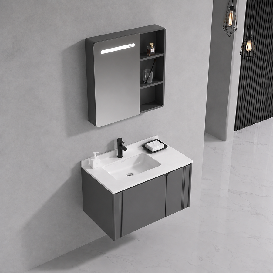 Set Mobilier ORIA pentru Baie, Dulap Lavoar+Dulap Oglinda 60cm, 2 Piese, Gri si Alb Mobilier Baie Default Title Alessandro Design
