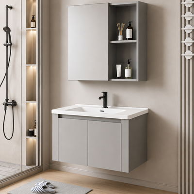 Set Mobilier TIVOLI pentru Baie , Dulap Lavoar+Dulap Oglinda 60cm, 2 Piese, Gri si Alb