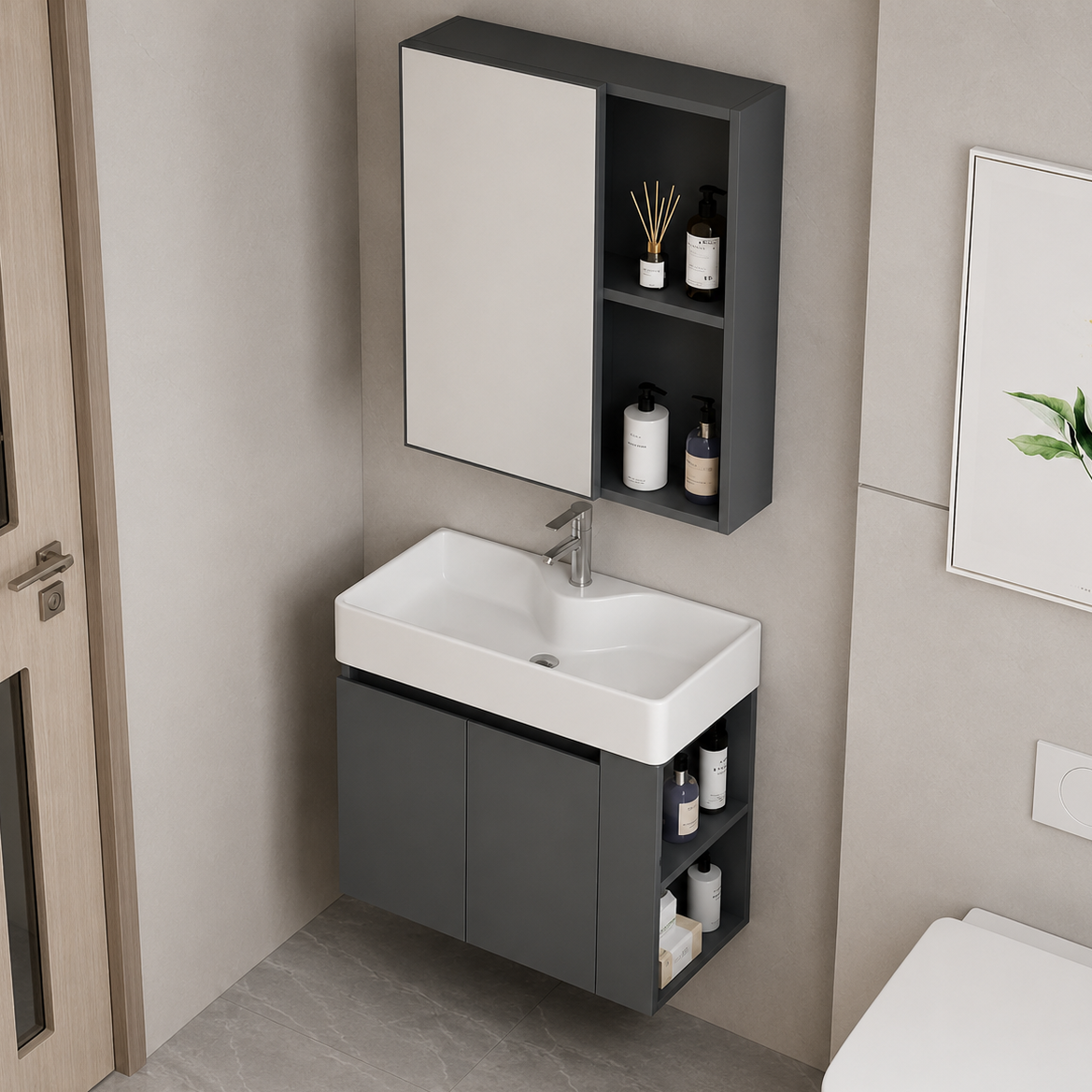 Set Mobilier EVOQ pentru Baie ,Latime 70cm, 2 Piese, Gri si Alb Mobilier Baie Default Title Alessandro Design