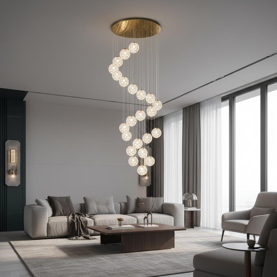 Candelabru Cristal MILLE, 25xG9 , Diametru 60cm x Inaltime 340cm, Cristal si Metal, Auriu